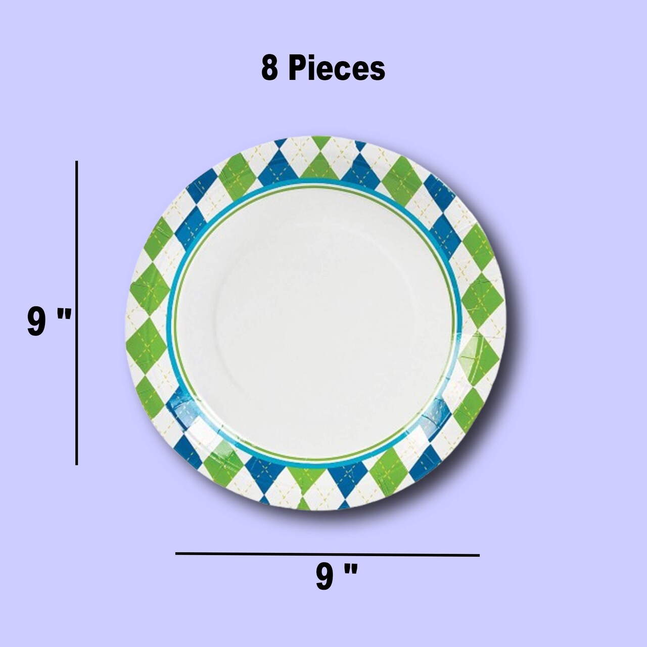 Blue and Green Checkered Golf Party Paper Plates 8 Count for Birthday or Sports Events